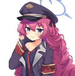 Rule 34 | 1girl, aku oribi, armband, black eyes, black shirt, blue archive, blue halo, blush, collarbone, commentary request, hair between eyes, halo, hat, iroha (blue archive), jacket, looking at viewer, loose necktie, military, military hat, military jacket, military uniform, necktie, open clothes, open jacket, parted lips, partial commentary, peaked cap, pink hair, red armband, red necktie, safety pin, shirt, simple background, single bare shoulder, solo, sweat, uniform, upper body, wavy hair, white background