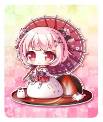 Rule 34 | 1girl, :3, animal, black bow, blush, bow, cat, character request, checkered background, chibi, closed mouth, commentary request, cuisine dimension, double bun, flower, food, fruit, hair bow, hair bun, hair flower, hair ornament, hair ribbon, highres, holding, holding umbrella, japanese clothes, kimono, long sleeves, looking at viewer, obi, off shoulder, oil-paper umbrella, pink hair, pleated skirt, rabbit, red eyes, red ribbon, red skirt, red umbrella, ribbon, ribbon-trimmed sleeves, ribbon trim, ryuuka sane, sash, seal (animal), short hair, side bun, sitting, skirt, sleeves past wrists, solo, strawberry, thighhighs, tray, umbrella, white flower, white kimono, white thighhighs, wide sleeves
