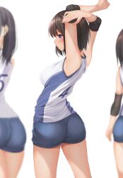 Rule 34 | 3girls, armpits, arms up, ass, ball, blue eyes, blue shorts, blurry, breasts, brown hair, depth of field, elbow pads, elbow sleeve, gym shorts, highres, knee pads, large breasts, minato ojitan, multiple girls, original, pantylines, shirt, shorts, simple background, sleeveless, sleeveless shirt, solo focus, sportswear, stretching, volleyball (object), volleyball uniform, white background