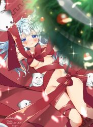 Rule 34 | absurdres, blush, bound, bow, breasts, christmas tree, commission, commissioner upload, hair ornament, highres, indie virtual youtuber, kiyosuke r18, large breasts, legs together, mikazuki silvi, owl ears, owl girl, red bow, red ribbon, ribbon, ribbon bondage, virtual youtuber, white hair