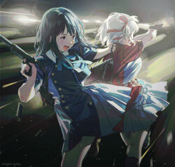 Rule 34 | 2girls, abstract background, artist name, black hair, blonde hair, blue ribbon, brown bag, buttons, commentary request, congming lan, dark background, double-breasted, dress, firing, fleeing, foot out of frame, grey dress, gun, hair ribbon, handgun, highres, holding, holding gun, holding strap, holding weapon, inoue takina, kneehighs, leg up, long hair, looking to the side, lower teeth only, lycoris recoil, lycoris uniform, magazine (weapon), magazine ejection, motion blur, multicolored background, multiple girls, muzzle flash, neck ribbon, nishikigi chisato, open mouth, pleated dress, red ribbon, ribbon, short hair, short sleeves, smith &amp; wesson, socks, suppressor, tearing up, teeth, two-tone dress, weapon