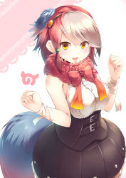 Rule 34 | 10s, 1girl, :d, absurdres, belt, bird tail, black skirt, blue hair, bow, bowtie, commentary request, eyes visible through hair, fur collar, gastornis (kemono friends), hair beads, hands up, highres, japari symbol, kanzakietc, kemono friends, looking at viewer, medium hair, multicolored hair, open mouth, orange eyes, red hair, shirt, simple background, skirt, sleeveless, sleeveless shirt, smile, solo, tail, white background, white hair, white shirt