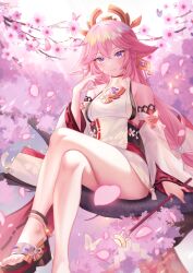 Rule 34 | 1girl, animal ears, bare legs, bare shoulders, blush, breasts, cherry blossoms, closed mouth, crossed bangs, detached sleeves, earrings, falling petals, floppy ears, flower, foot out of frame, fox ears, genshin impact, gohei, hand up, highres, holding, holding gohei, in tree, japanese clothes, jewelry, long hair, long sleeves, low-tied long hair, medium breasts, nontraditional miko, petal censor, petals, pink flower, pink hair, platform footwear, purple eyes, ribbon trim, sandals, shiiyou, sidelocks, sitting, sitting in tree, sleeveless, sleeveless turtleneck, smile, solo, thighs, toes, tree, turtleneck, wide sleeves, yae miko