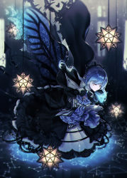 Rule 34 | 1girl, absurdres, black bow, black dress, blue butterfly, blue hair, bow, brooch, bug, butterfly, constellation, creatures (company), cross, dark background, dress, full body, game freak, glowing butterfly, gothic lolita, hair ornament, hand up, highres, huge filesize, insect, jewelry, lolita fashion, long hair, long sleeves, moe (hamhamham), nintendo, pale skin, personification, pokemon, ponytail, small stellated dodecahedron, solo, wings