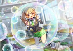 Rule 34 | 1girl, black jacket, blazer, blonde hair, blue sky, blurry, blurry background, blush, bubble, chair, cloud, collared shirt, commentary request, commission, day, depth of field, desk, green necktie, green skirt, hands up, indoors, jacket, kou hiyoyo, long hair, long sleeves, looking at viewer, necktie, open mouth, original, pleated skirt, ponytail, red eyes, school chair, school desk, school uniform, shirt, skeb commission, skirt, sky, solo, sweat, v-shaped eyebrows, white shirt, window