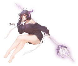 Rule 34 | 1girl, ahoge, bare legs, barefoot, black hair, black shirt, breasts, character request, cleavage, commentary, commission, crossed legs, english commentary, feather hair ornament, feathers, full body, hair ornament, hand up, highres, holding, holding staff, kuzel (bonolangje), large breasts, long sleeves, looking at viewer, maplestory, orange eyes, parted lips, ribbon, shirt, short hair, simple background, single bare shoulder, sleeves past wrists, solo, staff, toes, white background, white ribbon