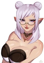 Rule 34 | 1girl, absurdres, artist name, bare shoulders, breasts, cleavage, double bun, elezen, elf, final fantasy, final fantasy xiv, glasses, hair bun, highres, jewelry, large breasts, long hair, looking at viewer, maewix (artist), necklace, pointy ears, purple eyes, semi-rimless eyewear, simple background, sleeveless, smile, solo, upper body, warrior of light (ff14), white background, white hair