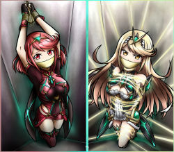 Rule 34 | 2girls, angry, armor, bare shoulders, bdsm, blonde hair, blush, bondage, bound, breasts, cleavage, cleavage cutout, clothing cutout, covered navel, dress, gag, gem, highres, jewelry, kidnapped, kidnapping, long hair, looking at viewer, magnolia-baillon, multiple girls, mythra (xenoblade), nervous, nintendo, pyra (xenoblade), red hair, restrained, short hair, swept bangs, thigh strap, thighhighs, xenoblade chronicles (series), xenoblade chronicles 2, yellow eyes