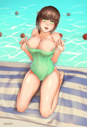 Rule 34 | 1girl, bare shoulders, breasts, brown hair, female focus, green eyes, green one-piece swimsuit, highres, kneeling, large breasts, nipple slip, nipples, one-piece swimsuit, open mouth, original, pool, poolside, shonomi, short hair, solo, strap pull, swimsuit, towel, undressing, water, wet