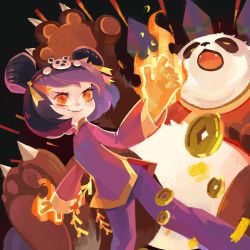 Rule 34 | &gt;:), 1girl, alternate costume, annie (league of legends), artist request, black hair, chinese clothes, closed mouth, coin, fire, fireworks, league of legends, multicolored hair, panda, panda annie, purple hair, red eyes, short hair, smile, tibbers, two-tone hair, v-shaped eyebrows