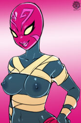 Rule 34 | 10s, 1girl, 2016, artist name, bandages, blue skin, breasts, colored skin, dated, guacamelee!, hand on own hip, highres, lips, luchador, luchador mask, mask, navel, nipples, parted lips, pink background, revtilian, smile, solo, tostada, watermark