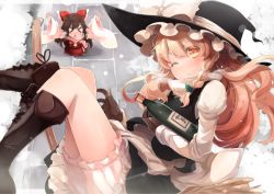 Rule 34 | &gt; &lt;, 2girls, apron, blonde hair, blush, boots, bottle, bow, braid, broom, broom riding, brown hair, commentary request, cross-laced footwear, closed eyes, hair bow, hakurei reimu, hat, hat bow, juliet sleeves, kirisame marisa, knee boots, long sleeves, multiple girls, one eye closed, open mouth, outstretched arms, puffy sleeves, sake bottle, shin (new), shirt, single braid, skirt, skirt set, smile, touhou, vest, waist apron, wide sleeves, witch hat, yellow eyes