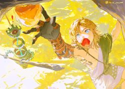 Rule 34 | !, 1boy, apple, archaic set (zelda), arm armor, arm up, asymmetrical clothes, black hands, blonde hair, blue eyes, claws, colored extremities, day, food, food in mouth, fruit, link, long hair, mo (ine mao), nintendo, open clothes, outdoors, reaching, shirt, shoulder tattoo, tattoo, the legend of zelda, the legend of zelda: tears of the kingdom, tree, twitter username, white shirt, yellow theme