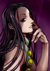 Rule 34 | 1boy, black eyes, black hair, expressionless, from side, hand on own face, hand up, highres, hunter x hunter, illumi zoldyck, long hair, looking at viewer, male focus, marumeco8, sleeveless, solo