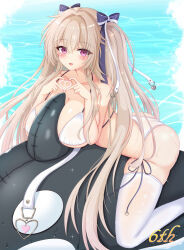 Rule 34 | 1girl, anchorage (azur lane), anchorage (dolphins and swim lessons) (azur lane), azur lane, between breasts, bikini, breasts, brown hair, cleavage, collarbone, commentary request, crossed bangs, hair between eyes, hair ribbon, heart, heart hands, highres, inflatable dolphin, inflatable toy, large breasts, long hair, looking at viewer, nao (naobinarydigit), ocean, pink eyes, ribbon, smile, solo, straddling, swimsuit, thighhighs, very long hair, wet, white bikini, white thighhighs