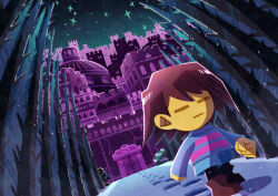 Rule 34 | 1other, :|, = =, absurdres, androgynous, artist name, black sky, blue shorts, blue sweater, brown footwear, brown hair, building, castle, child, clenched hand, closed eyes, closed mouth, colored skin, commentary request, door, dutch angle, expressionless, facing viewer, footprints, frisk (undertale), highres, long sleeves, night, no nose, other focus, outdoors, sans, scenery, short hair, shorts, sky, snow, solo focus, sweater, thorns, undertale, walking, watawata22, wide shot, yellow skin