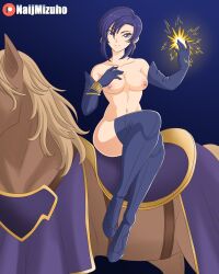 Rule 34 | 1girl, blue gloves, boots, breasts, earrings, elbow gloves, fire emblem, fire emblem: the blazing blade, gloves, horse, jewelry, looking at viewer, magic, medium breasts, naijmizuho, nintendo, nipples, nude, smile, solo, tagme, thigh boots, thighhighs, ursula (fire emblem)