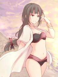 Rule 34 | 1girl, bikini, black hair, blue eyes, bow, bracelet, breasts, cleavage, closed mouth, cloud, collarbone, commentary request, hair bow, jewelry, ken (kenta1922), kurosawa dia, long hair, looking away, love live!, love live! school idol festival, love live! sunshine!!, medium breasts, navel, open clothes, open shirt, outdoors, pink shirt, red bow, shirt, short sleeves, sky, solo, standing, swimsuit