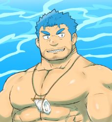 Rule 34 | 1boy, abs, bara, blue eyes, blue hair, brown hair, facial hair, highres, large pectorals, male focus, manly, muscular, pectorals, simple background, smile, solo, tokyo houkago summoners, triton (housamo), upper body, water, yanutorie