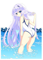 Rule 34 | 1girl, ass, blush, from behind, highres, inia sestina, kamon rider, leaning forward, long hair, looking at viewer, looking back, muv-luv, muv-luv alternative, muv-luv total eclipse, one-piece swimsuit, parted lips, silver hair, solo, swimsuit, water, white one-piece swimsuit