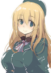 Rule 34 | 1girl, absurdres, artist name, ascot, atago (kancolle), beret, blonde hair, blue hat, breasts, dated, fyuo, hat, highres, kantai collection, large breasts, long hair, looking at viewer, military, military uniform, one-hour drawing challenge, simple background, solo, uniform, upper body, white ascot, white background