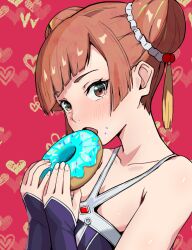 1girl ammo21204760 bare_shoulders blush brown_eyes collarbone double_bun doughnut eating fingernails food food_on_face hair_bun hair_ornament holding holding_food laufen_(sousou_no_frieren) orange_hair short_hair solo sousou_no_frieren upper_body