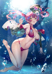 Rule 34 | 1girl, :d, air bubble, anchor symbol, bare legs, bare shoulders, barefoot, bikini, black coat, black hat, blunt bangs, blush, breasts, bubble, cleavage, coat, collarbone, day, hat, heart, heart-shaped eyewear, heterochromia, hololive, houshou marine, houshou marine (summer), large breasts, light rays, long hair, long sleeves, looking at viewer, navel, open clothes, open coat, open mouth, outdoors, purple-tinted eyewear, purple bikini, purple hair, red bikini, red eyes, skindentation, smile, solo, stomach, submerged, sunbeam, sunglasses, sunglasses removed, sunlight, swimming, swimsuit, tinted eyewear, underwater, unworn eyewear, unworn hat, unworn headwear, virtual youtuber, water, yellow eyes, yoshimoto (dear life)