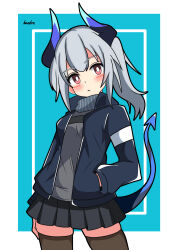 Rule 34 | 1girl, absurdres, arknights, black jacket, black skirt, blue background, blush, breasts, brown thighhighs, closed mouth, commentary request, grey hair, grey shirt, hand in pocket, head tilt, hendra, highres, horns, jacket, liskarm (arknights), long sleeves, looking at viewer, open clothes, open jacket, pleated skirt, ponytail, puffy long sleeves, puffy sleeves, red eyes, shirt, signature, skindentation, skirt, small breasts, solo, tail, thighhighs, two-tone background, white background