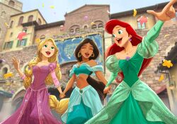 3girls absurdres aladdin_(disney) aqua_pants aqua_shirt ariel_(disney) bare_shoulders black_hair blonde_hair blurry blurry_background braid breasts city closed_eyes crop_top d74335631 dark-skinned_female dark_skin disney dress earrings falling_flower falling_petals flower gold_earrings green_dress hair_flower hair_ornament highres holding_hands jasmine_(disney) jewelry juliet_sleeves long_dress long_hair long_sleeves medium_breasts midriff multi-tied_hair multiple_girls open_mouth pants parted_bangs petals pink_sleeves pointing puffy_sleeves purple_dress rapunzel_(disney) red_hair see-through_clothes see-through_sleeves shell shell_earrings shirt single_braid smile swept_bangs tangled the_little_mermaid very_long_hair