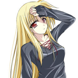 Rule 34 | 00s, 1girl, amicis, blonde hair, fate testarossa, hand on forehead, long hair, lyrical nanoha, mahou shoujo lyrical nanoha, mahou shoujo lyrical nanoha strikers, red eyes, solo, upper body