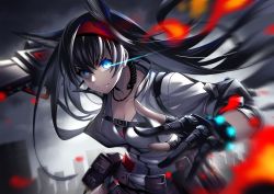 Rule 34 | 1girl, animal ears, arknights, belt, belt pouch, black hair, blaze (arknights), blue eyes, breasts, cat ears, chainsaw, city, cleavage, earpiece, eye trail, fire, gloves, grey sky, hairband, highres, holding, holding chainsaw, light trail, long hair, noro assumed, partially fingerless gloves, pouch, sky, smile