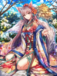 Rule 34 | 1girl, animal ears, blue sky, brown eyes, closed mouth, day, fox ears, fox tail, japanese clothes, kimono, long hair, long sleeves, looking at viewer, outdoors, reaching, reaching towards viewer, sila (carpen), silver hair, sky, smile, solo, sparkle, tail, tenka touitsu chronicle, very long hair, wide sleeves