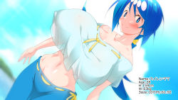 Rule 34 | 1girl, bare shoulders, blue eyes, blue hair, blush, breasts, creatures (company), freckles, game freak, hair ribbon, huge breasts, lana&#039;s mother (pokemon), makarou, midriff, mature female, navel, nintendo, outdoors, pokemon, pokemon (anime), pokemon sm (anime), ponytail, ribbon, see-through, sky, smile, solo, stomach, tagme