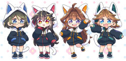 4girls :&lt; alternate_costume animal_hood arm_up black_hair black_jacket blue_eyes blush brown_hair chibi clenched_hand closed_mouth commentary_request full_body glasses hair_between_eyes hair_intakes hair_ornament hairclip hands_in_pockets haruna_(kancolle) hiei_(kancolle) highres hood hood_up hooded_jacket jacket kantai_collection kirishima_(kancolle) kongou_(kancolle) le_girls long_hair long_sleeves multiple_girls open_mouth purple_eyes shoes short_hair sleeves_past_wrists sneakers standing tail teeth tsukko_(3ki2ne10) twitter_username upper_teeth_only white_hood