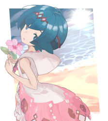 Rule 34 | 1girl, absurdres, beach, blue eyes, blue hair, creatures (company), flower, game freak, highres, holding, holding flower, jewelry, lana (pokemon), lana (sygna suit) (pokemon), looking at viewer, necklace, nintendo, ocean, official alternate costume, parted lips, pink flower, pokemon, pokemon masters ex, signature, solo, sun, tyaui (xjju4435)