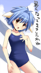 Rule 34 | 00s, 1girl, animal ears, blue hair, blush, broccoli (company), competition school swimsuit, galaxy angel, head tilt, looking at viewer, mint blancmanche, one-piece swimsuit, school swimsuit, shinshin, short hair, smile, solo, swimsuit, translated, yellow eyes