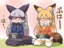 Rule 34 | 10s, 2girls, animal ears, black gloves, black skirt, blonde hair, blue jacket, bow, bowtie, chopsticks, closed eyes, cup ramen, donbee (food), donbei kitsune udon, ezo red fox (kemono friends), food, fox ears, fox tail, gloves, gradient hair, gradient legwear, instant udon, jacket, kemono friends, kemonomimi mode, long hair, multicolored clothes, multicolored hair, multicolored legwear, multiple girls, necktie, nissin donbei, orange eyes, orange jacket, pantyhose, pleated skirt, product placement, seiza, shoes, silver fox (kemono friends), silver hair, sitting, skirt, tail, tanaka kusao, white skirt