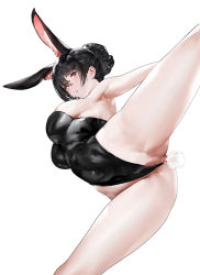 Rule 34 | 1girl, absurdres, anal, anal object insertion, anal tail, animal ear fluff, animal ears, armpits, bare legs, bare shoulders, black hair, black leotard, blush, breasts, censored, clothing aside, fake tail, from below, hair bun, highleg, highleg leotard, highres, large breasts, leotard, leotard aside, looking down, mosaic censoring, object insertion, original, parted lips, playboy bunny, pussy, rabbit ears, rabbit tail, short hair, simple background, single hair bun, smile, solo, standing, standing on one leg, tail, thighs, white background, xiaoluo xl