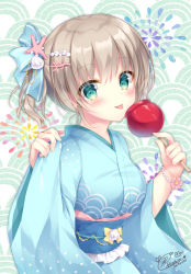 Rule 34 | 1girl, :p, blue bow, blue kimono, blush, bow, breasts, brown hair, candy apple, closed mouth, commentary request, dated, food, from side, green eyes, hair between eyes, hair bow, hair ornament, hand up, highres, holding, holding food, japanese clothes, kimono, kohinata hoshimi, long sleeves, medium breasts, obi, original, pinching sleeves, sash, sidelocks, signature, sleeves past wrists, smile, solo, striped, striped bow, tongue, tongue out, upper body, yukata