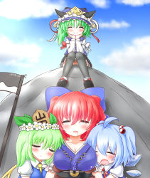 Rule 34 | 4girls, alternate hairstyle, black legwear, blue hair, blush, bow, breasts, head rest, cirno, cleavage, cosplay, daiyousei, drooling, fairy wings, green hair, hair bobbles, hair bow, hair ornament, hat, headwear switch, highres, ice, ice wings, japanese clothes, leaf, mofu mofu, multiple girls, onozuka komachi, open mouth, red hair, rock, rod of remorse, scythe, shiki eiki, shiki eiki (cosplay), short hair, sigh, sitting, sleeping, smile, thighhighs, touhou, wings, wreath