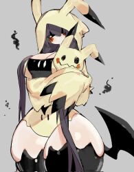Rule 34 | 1girl, black eyes, black thighhighs, blush stickers, breasts, cleavage, closed mouth, cowboy shot, creature and personification, creatures (company), game freak, gen 7 pokemon, grey background, grey hair, hair over one eye, highres, holding, hood, hood up, large breasts, long hair, looking at viewer, mimikyu, nintendo, personification, pokemon, pokemon (creature), simple background, sleeves past fingers, sleeves past wrists, standing, thick thighs, thighhighs, thighs, usa37107692, very long hair