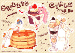 Rule 34 | 3girls, arm support, bare arms, bare legs, bare shoulders, blue hair, bow, bra, brown eyes, butter, cake, commentary request, cupcake, diagonal stripes, dotted line, drill hair, english text, food, hair bow, heart, high heels, leg up, light brown hair, long hair, multiple girls, musical note, nishimura eri, orange bra, orange footwear, orange panties, original, outline, pancake, pancake hair ornament, pancake stack, panties, parfait, pink hair, polka dot, polka dot bra, quaver, red bow, red eyes, red footwear, revision, sitting, standing, standing on one leg, star (symbol), striped background, striped bra, striped clothes, striped panties, syrup, twin drills, twintails, underwear, underwear only, vertical-striped bra, vertical-striped clothes, vertical-striped panties, watermark, web address, white bra, white footwear, white panties