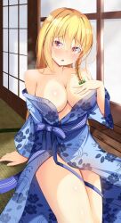 Rule 34 | 1girl, :o, bare shoulders, blonde hair, blue kimono, blue sash, braid, breasts, cleavage, commentary request, floral print, hair ribbon, hand on own chest, highres, indoors, japanese clothes, kimono, kirisame marisa, large breasts, looking at viewer, naked kimono, obi, open mouth, ribbon, sash, shiso gohan, shouji, single braid, sitting, sliding doors, solo, tatami, thighs, touhou, yellow eyes