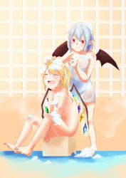 Rule 34 | 2girls, :d, ^ ^, annoyed, armpits, bare shoulders, barefoot, bat wings, bath stool, bathing, between legs, blonde hair, blue hair, blush, body blush, closed eyes, convenient censoring, crystal, demon girl, fang, feet, female focus, fingernails, flandre scarlet, flat chest, from side, frown, full body, hair tie, hand between legs, hand on another&#039;s head, happy, highres, huleito, indoors, knees up, light purple hair, long fingernails, long hair, looking at another, looking down, mini wings, multiple girls, naked towel, nude, one side up, open mouth, parted bangs, pointy ears, red eyes, remilia scarlet, same-sex bathing, see-through, shared bathing, sharp fingernails, short hair, siblings, sisters, sitting, smile, soap bubbles, soap censor, soapy, standing, stool, touhou, towel, v arms, washing, washing hair, white towel, wings