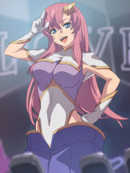 Rule 34 | 1girl, armpits, blue eyes, breasts, chiharu (9654784), covered navel, floating hair, gloves, gundam, gundam seed, gundam seed destiny, hair ornament, highres, large breasts, long hair, meer campbell, open mouth, parted bangs, pink hair, purple skirt, skirt, smile, solo, star (symbol), upper body, white gloves