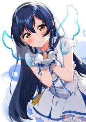 Rule 34 | bent over, blue hair, blush, commentary, cowboy shot, dress, earrings, fake wings, frilled dress, frills, gloves, hair between eyes, hairband, highres, jewelry, long hair, looking at viewer, love live!, simple background, solo, sonoda umi, star (symbol), star earrings, tagme, totoki86, white background, white dress, white gloves, white hairband, wings, yellow eyes