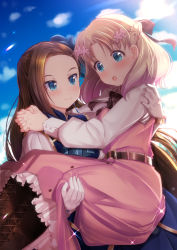 Rule 34 | 2girls, :o, belt, blonde hair, blue dress, blue eyes, blue sky, blush, boots, bow, bracelet, braid, brown belt, brown footwear, brown hair, carrying, closed mouth, cloud, cloudy sky, commentary request, cross-laced footwear, day, dress, earrings, female focus, fingernails, flower, forehead, hair bow, hair flower, hair ornament, highres, interlocked fingers, jewelry, katarina claes, lace-up boots, long hair, long sleeves, mad (hazukiken), maria campbell, multiple girls, open mouth, otome game no hametsu flag shika nai akuyaku reijou ni tensei shite shimatta, outdoors, parted bangs, pink dress, pink flower, princess carry, red bow, shirt, sky, sleeveless, sleeveless dress, smile, very long hair, white shirt, yuri