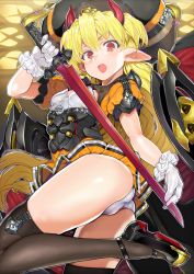 Rule 34 | 1girl, ass, black footwear, black hat, black thighhighs, blonde hair, breasts, char, cleavage cutout, clothing cutout, commentary, demon horns, dress, gloves, grey panties, hat, highres, holding, holding sword, holding weapon, horns, large hat, leg up, long hair, orange dress, original, panties, pleated dress, pointy ears, red eyes, red horns, rigging, shoes, short dress, short sleeves, skindentation, small breasts, solo, standing, standing on one leg, sword, thighhighs, underwear, very long hair, weapon, white gloves