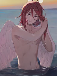 Rule 34 | 1boy, angel boy, angel devil (chainsaw man), angel wings, armpits, chainsaw man, closed mouth, dusk, hair between eyes, halo, ikanyoikanikan, long hair, looking at viewer, male focus, nipples, partially submerged, pectorals, red eyes, red hair, skinny, solo, topless male, trap, water, wet, wings