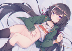 Rule 34 | 1girl, asymmetrical legwear, bad id, bad pixiv id, bed sheet, black hair, black thighhighs, blush, bottomless, cat hair ornament, clothes writing, collarbone, commentary request, dutch angle, feet out of frame, from above, green jacket, groin, hair between eyes, hair ornament, hair ribbon, hairclip, hand on own stomach, jacket, karyl (princess connect!), karyl (real) (princess connect!), knee up, long hair, long sleeves, looking at viewer, low twintails, lying, multicolored hair, navel, on back, open clothes, open jacket, parted lips, princess connect!, purple eyes, red ribbon, ribbon, shirt, sleeves past wrists, solo, streaked hair, thighhighs, thighhighs pull, twintails, uneven legwear, very long hair, white hair, white shirt, zuchineru
